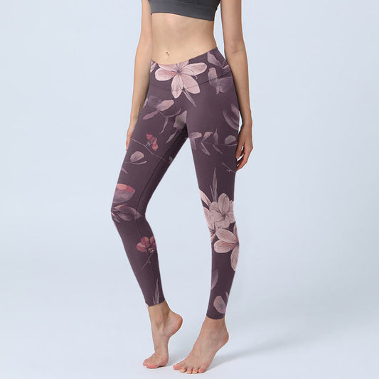 Purple White Flowers Leaves Blossom Print Gym Fitness Leggings Women's Yoga Pants