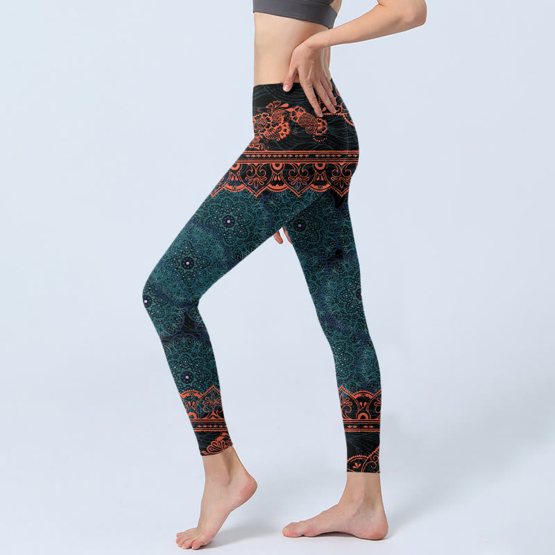 Green Mandala Flower Print Gym Fitness Leggings Women's Yoga Pants