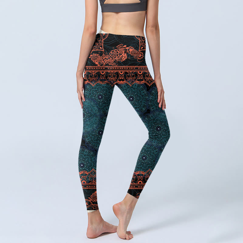 Green Mandala Flower Print Gym Fitness Leggings Women's Yoga Pants