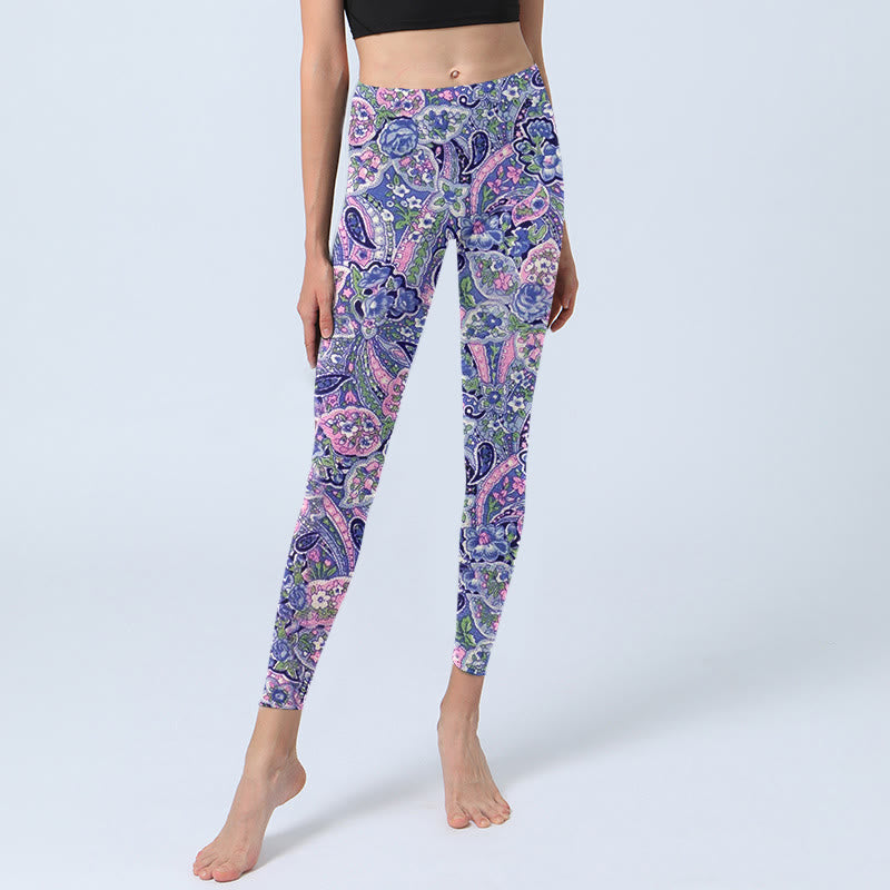 Purple Pink Cashew Flower Print Gym Fitness Leggings Women's Yoga Pants