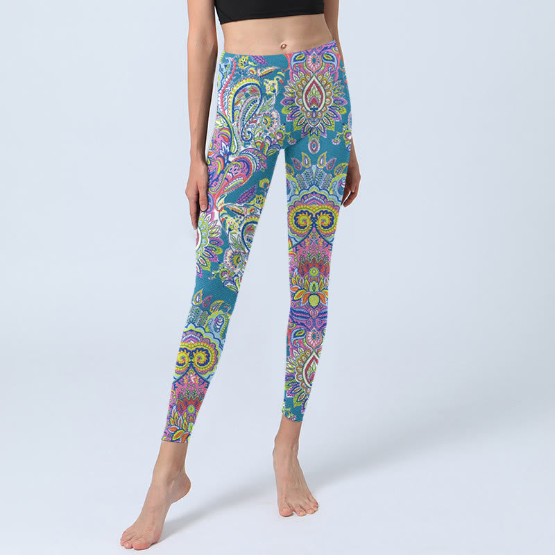 Blue Pink Green Flower Print Gym Fitness Leggings Women's Yoga Pants