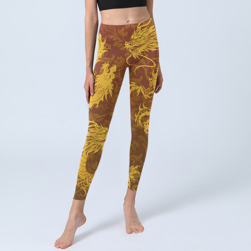 Golden Dragon Flowers Print Gym Leggings Women's Yoga Pants