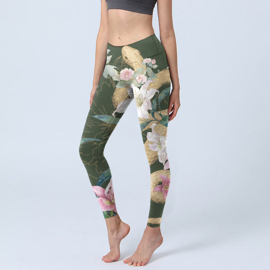 Green Golden Snake Lily Peony Flowers Print Gym Leggings Women's Yoga Pants