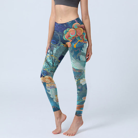 Blue Dragon Auspicious Clouds Print Gym Leggings Women's Yoga Pants