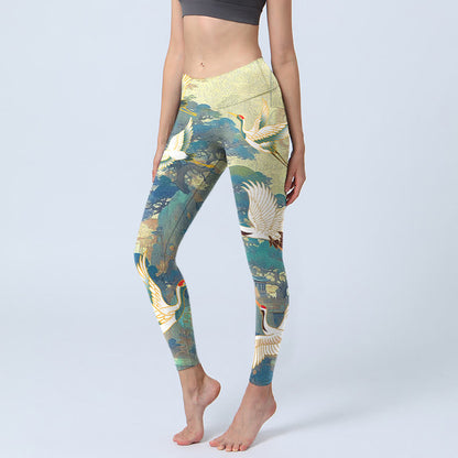 Blue Red-crowned Crane Pine Tree Print Gym Leggings Women's Yoga Pants