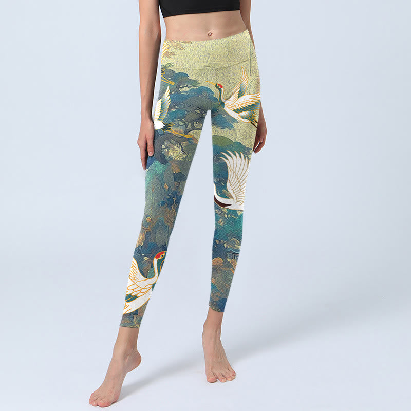 Blue Red-crowned Crane Pine Tree Print Gym Leggings Women's Yoga Pants