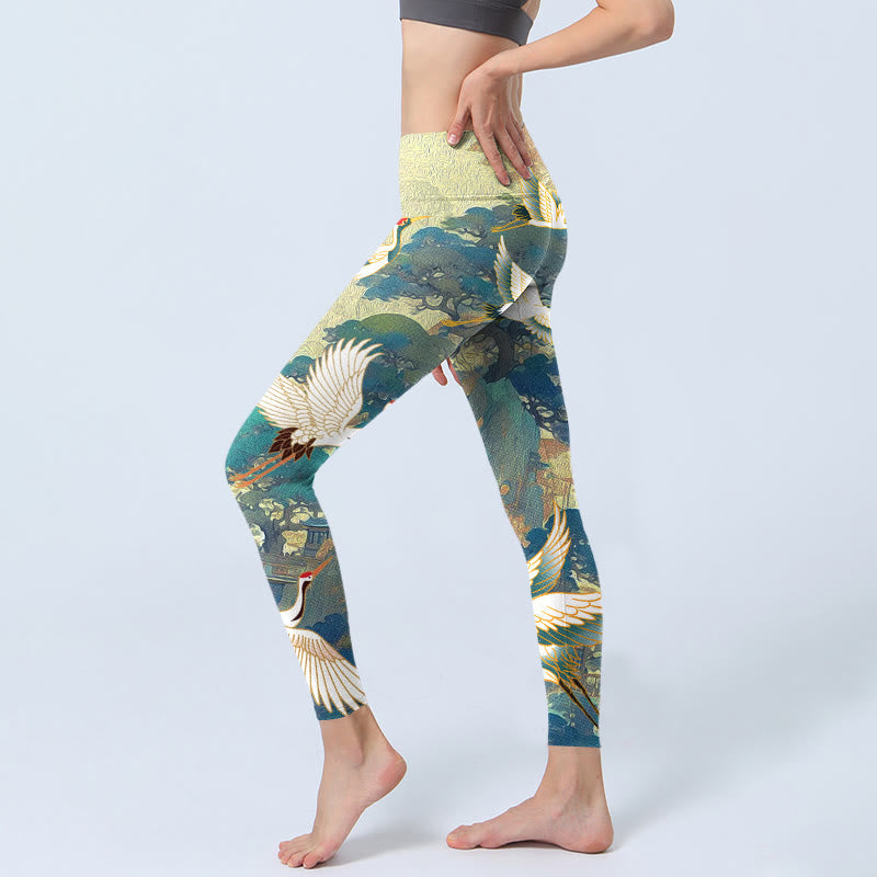 Blue Red-crowned Crane Pine Tree Print Gym Leggings Women's Yoga Pants