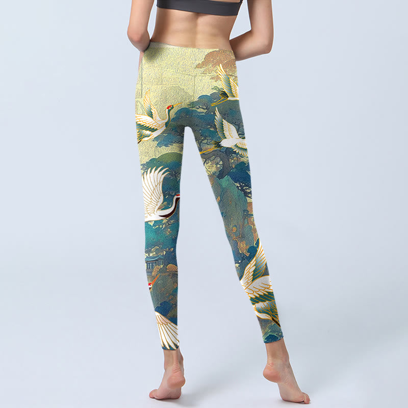 Blue Red-crowned Crane Pine Tree Print Gym Leggings Women's Yoga Pants