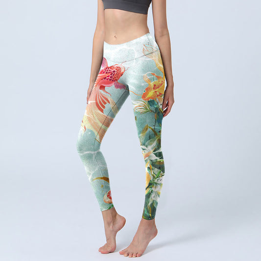 Green Koi Fish White Lotus Water Ripples Print Gym Leggings Women's Yoga Pants