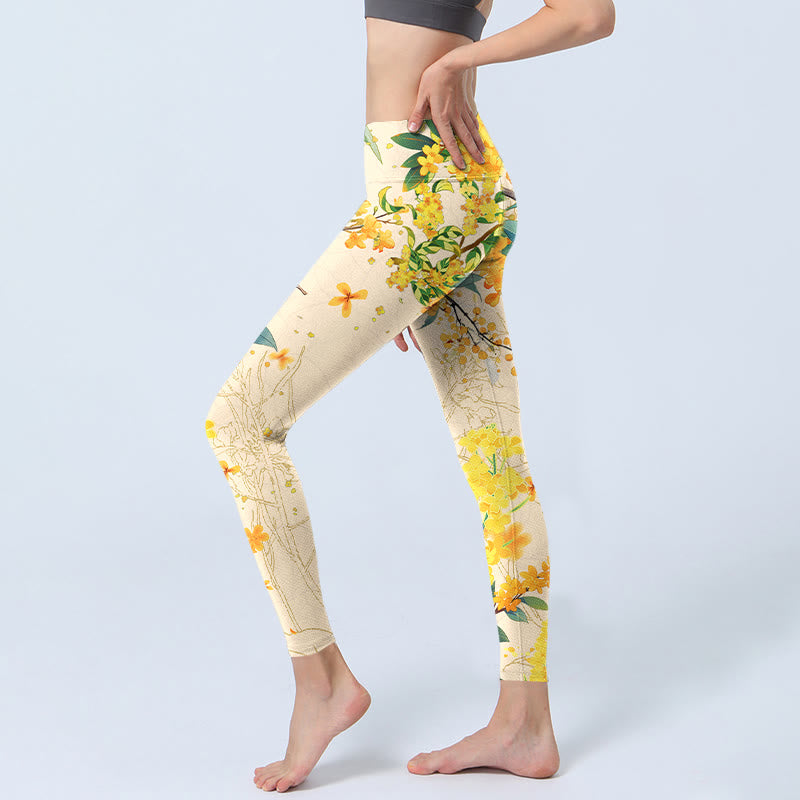 Yellow Osmanthus Fragrans Rapeseed Print Gym Leggings Women's Yoga Pants