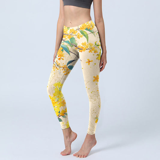 Yellow Osmanthus Fragrans Rapeseed Print Gym Leggings Women's Yoga Pants