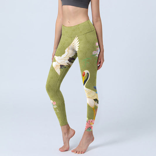 Hibiscus Birds Bamboo Print Gym Leggings Women's Yoga Pants