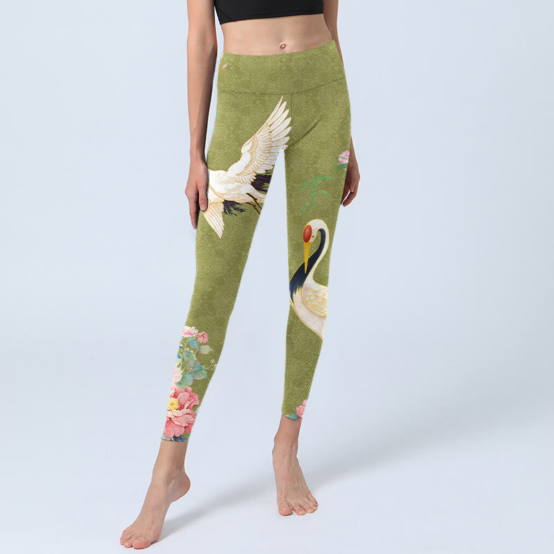 Hibiscus Birds Bamboo Print Gym Leggings Women's Yoga Pants