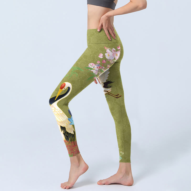 Hibiscus Birds Bamboo Print Gym Leggings Women's Yoga Pants
