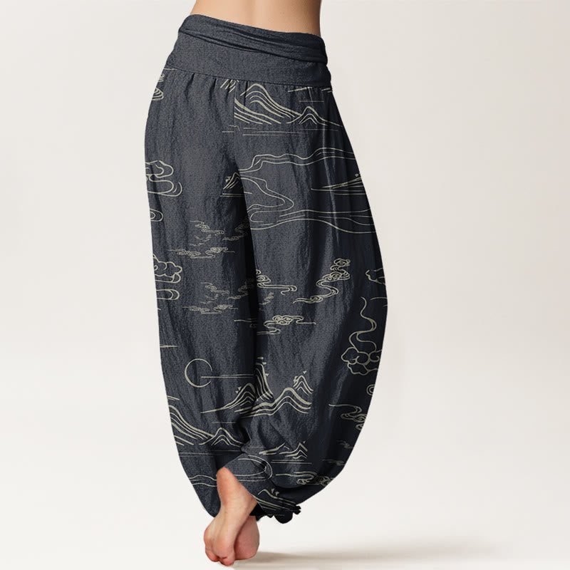 Cotton Mountain Moon Auspicious Clouds Pattern Women's Elastic Waist Harem Pants