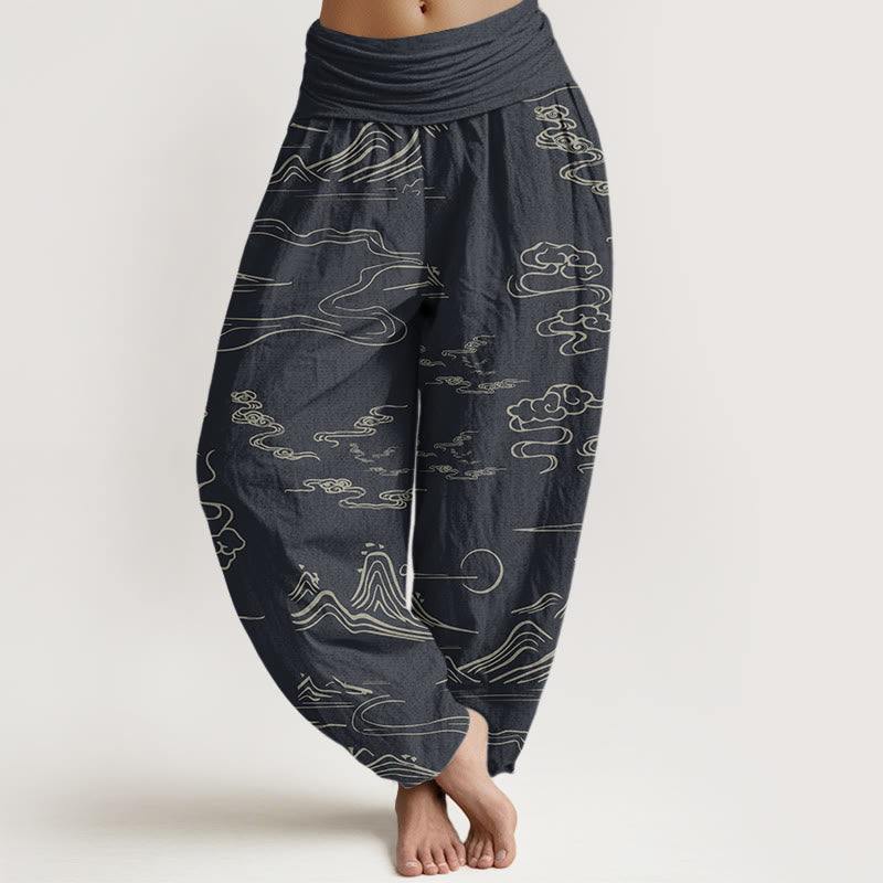 Cotton Mountain Moon Auspicious Clouds Pattern Women's Elastic Waist Harem Pants