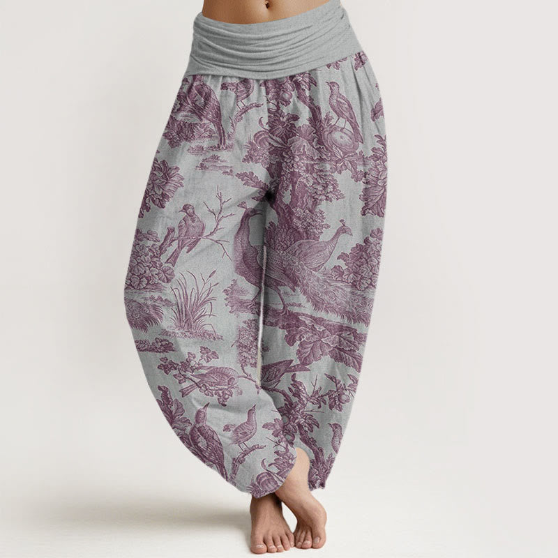 Cotton Birds Trees Branches Pattern Women's Elastic Waist Harem Pants