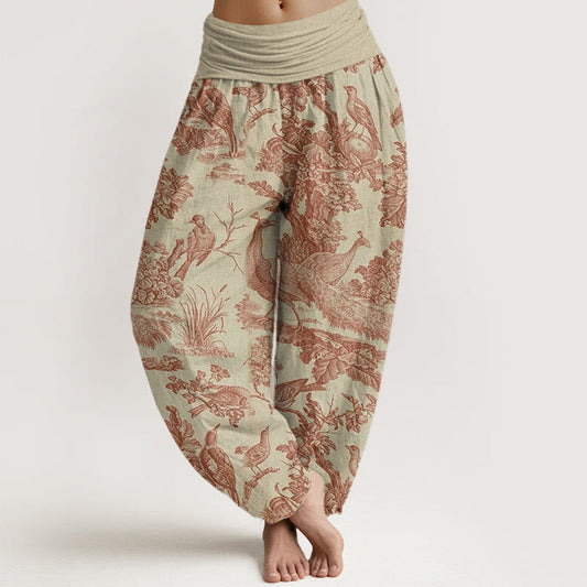 Cotton Birds Trees Branches Pattern Women's Elastic Waist Harem Pants