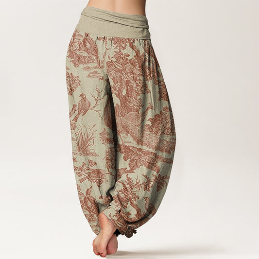 Cotton Birds Trees Branches Pattern Women's Elastic Waist Harem Pants