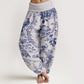 Cotton Birds Branches Flowers Pattern Women's Elastic Waist Harem Pants