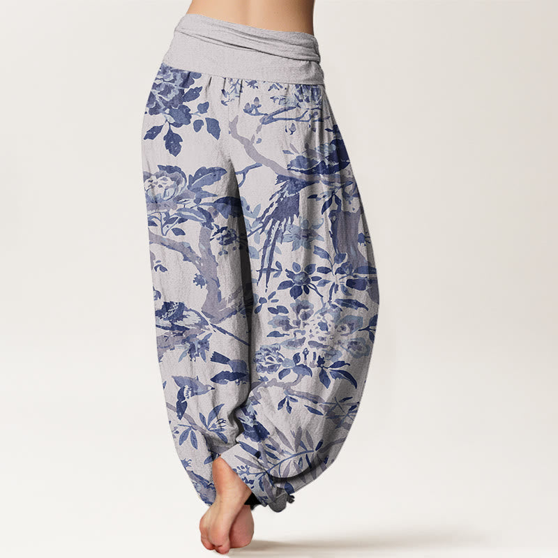 Cotton Birds Branches Flowers Pattern Women's Elastic Waist Harem Pants