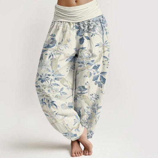 Cotton Birds Branches Flowers Pattern Women's Elastic Waist Harem Pants