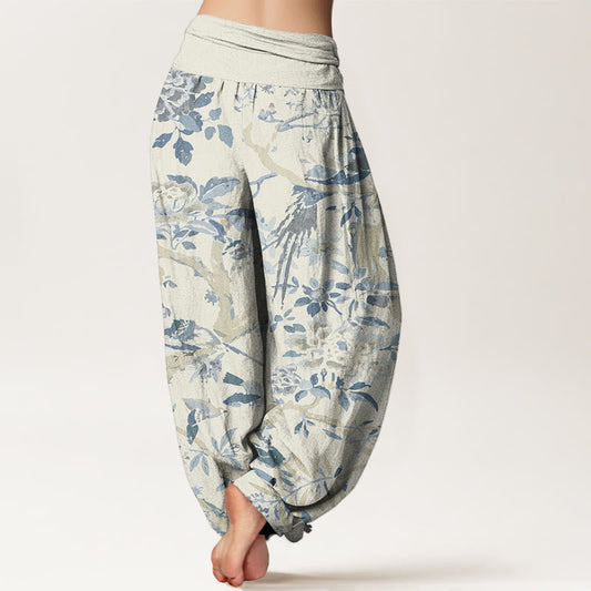 Cotton Birds Branches Flowers Pattern Women's Elastic Waist Harem Pants