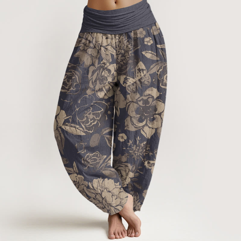 Cotton Casual Peony Flowers Leaves Women's Elastic Waist Harem Pants