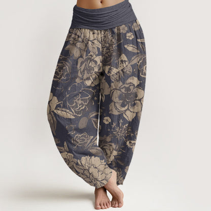 Cotton Casual Peony Flowers Leaves Women's Elastic Waist Harem Pants