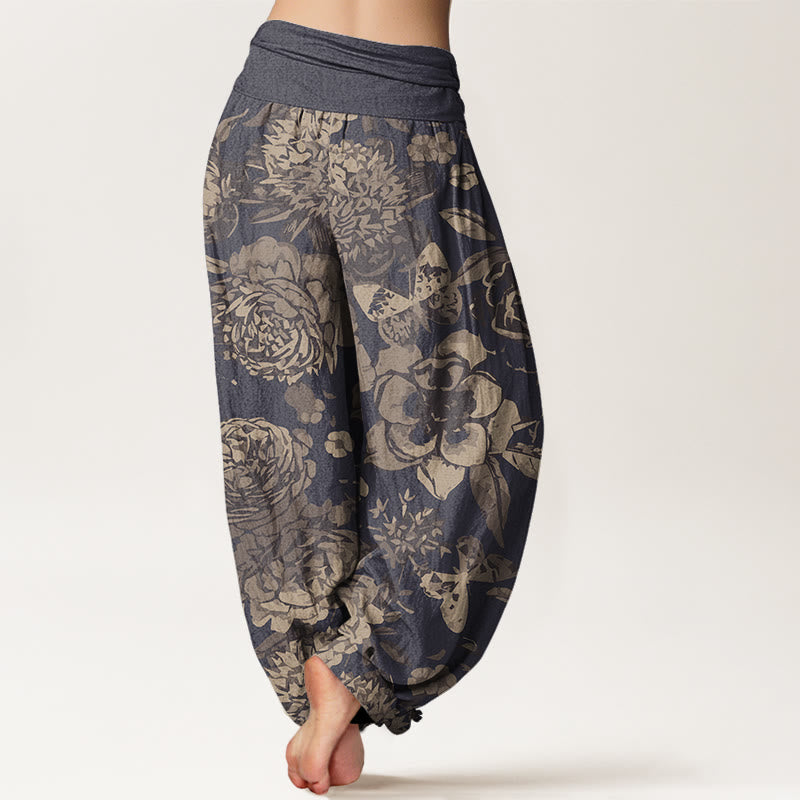 Cotton Casual Peony Flowers Leaves Women's Elastic Waist Harem Pants