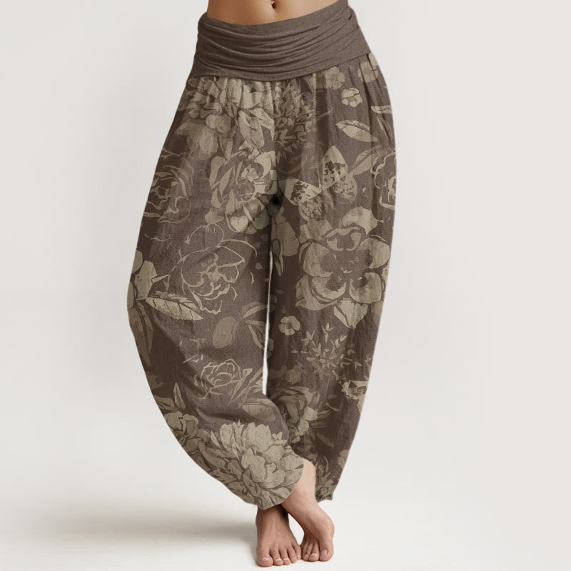 Cotton Casual Peony Flowers Leaves Women's Elastic Waist Harem Pants