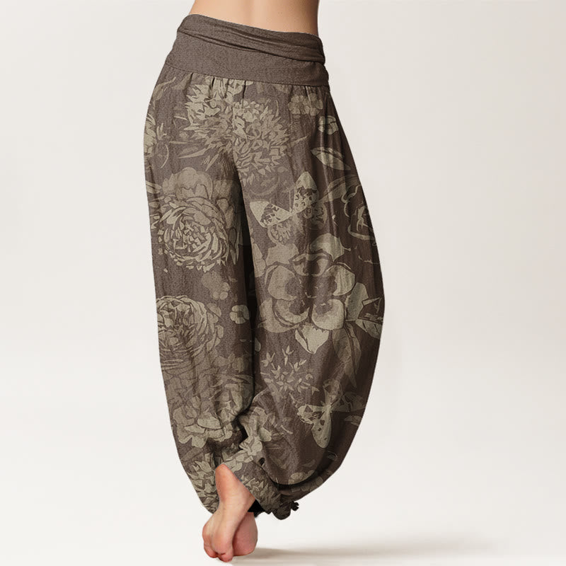 Cotton Casual Peony Flowers Leaves Women's Elastic Waist Harem Pants
