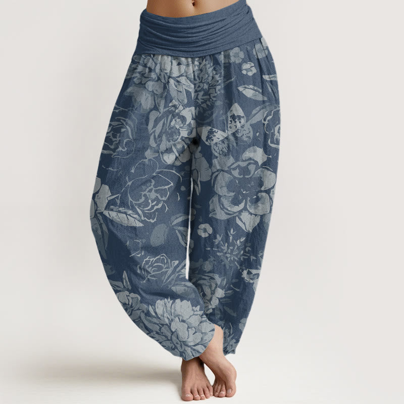 Cotton Casual Peony Flowers Leaves Women's Elastic Waist Harem Pants