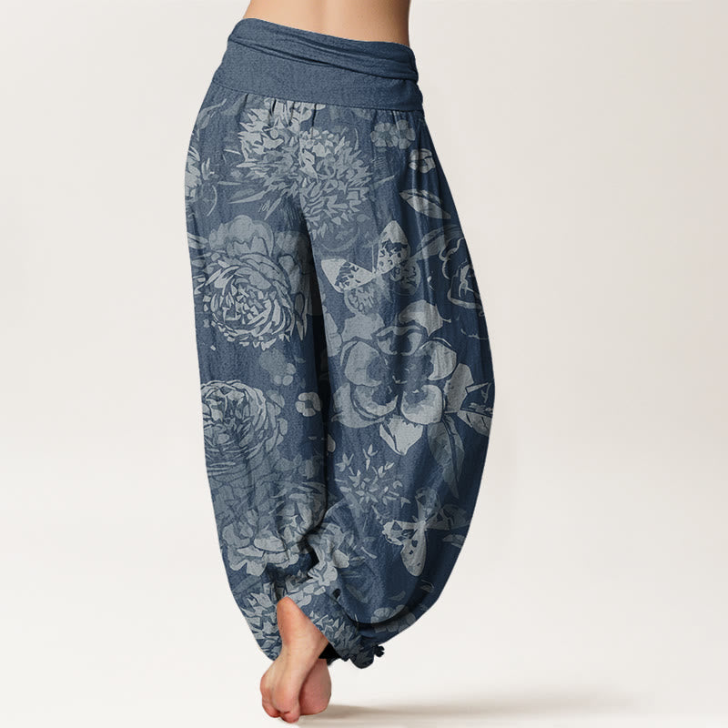 Cotton Casual Peony Flowers Leaves Women's Elastic Waist Harem Pants