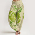 Cotton Green Leaves Branches Women's Elastic Waist Harem Pants