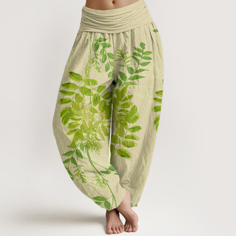 Cotton Green Leaves Branches Women's Elastic Waist Harem Pants