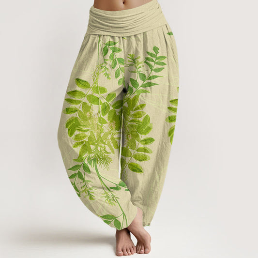 Cotton Green Leaves Branches Women's Elastic Waist Harem Pants