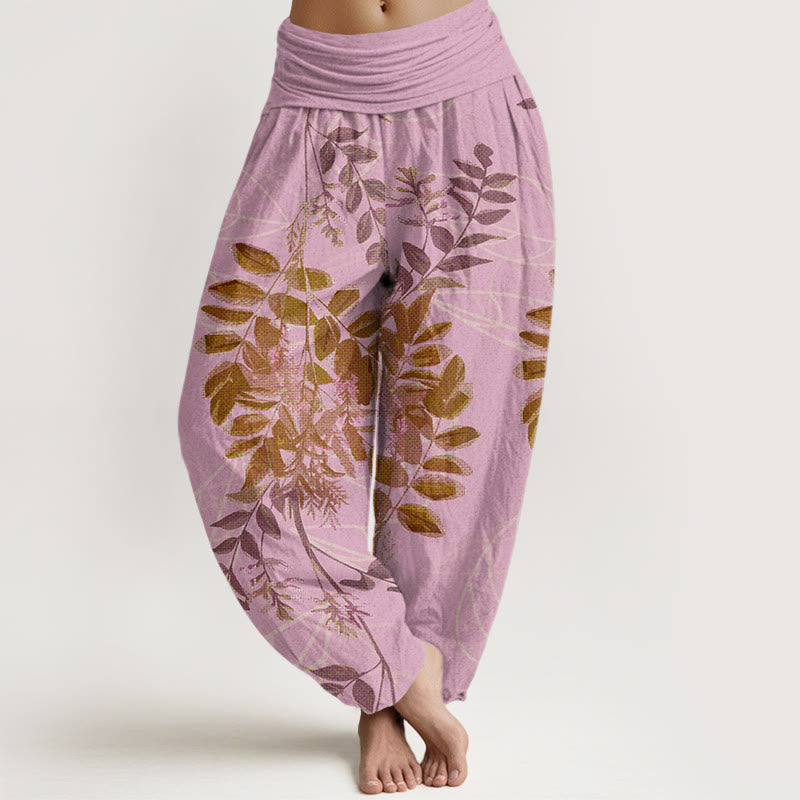 Cotton Green Leaves Branches Women's Elastic Waist Harem Pants