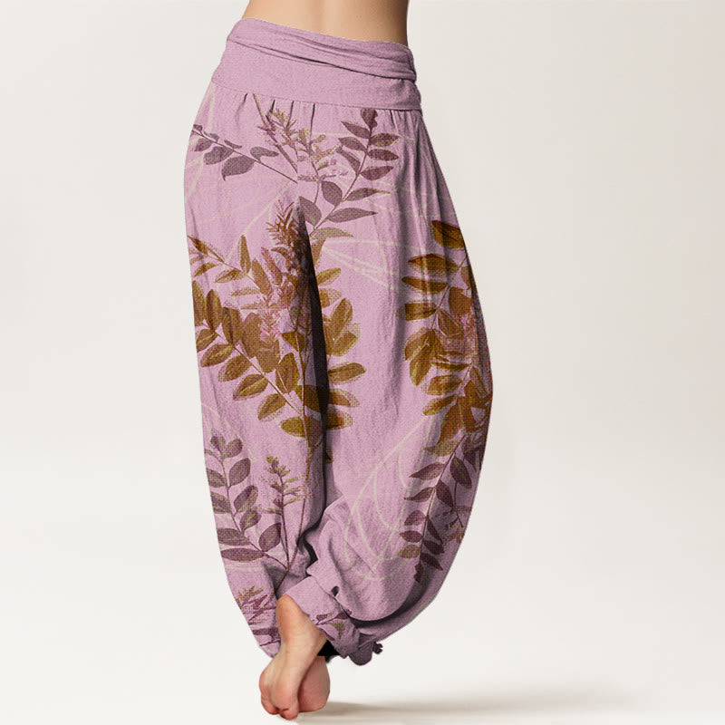 Cotton Green Leaves Branches Women's Elastic Waist Harem Pants