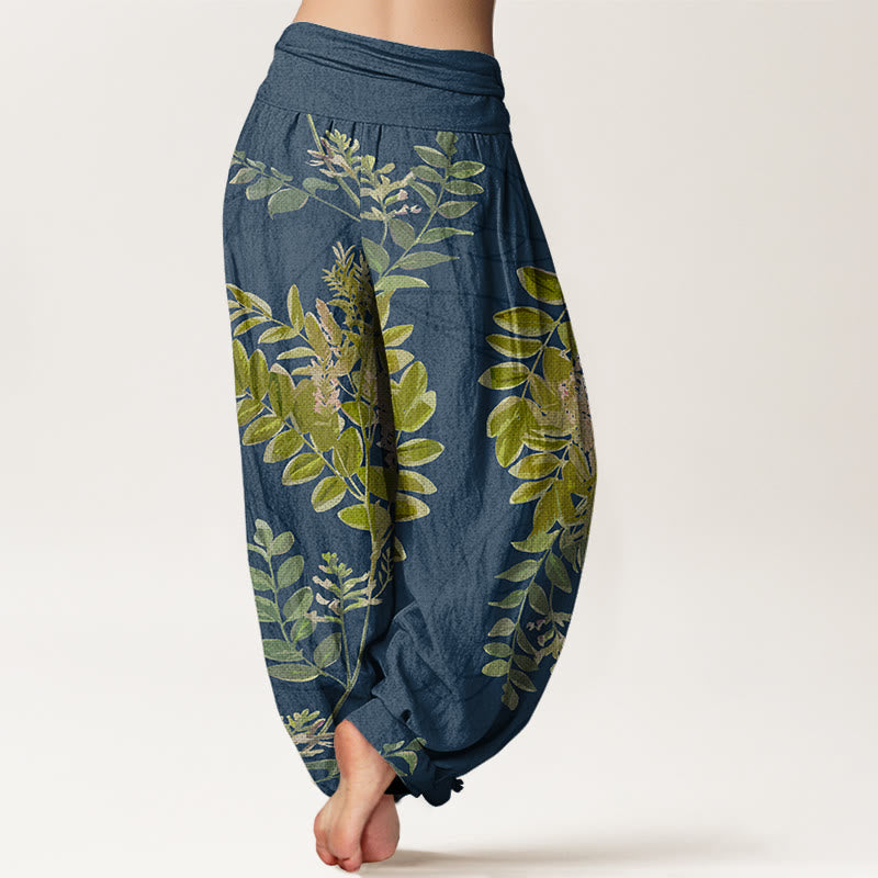 Cotton Green Leaves Branches Women's Elastic Waist Harem Pants