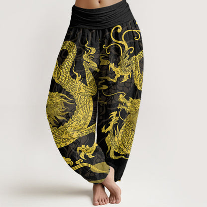 Cotton Dragon Auspicious Clouds Women's Elastic Waist Harem Pants