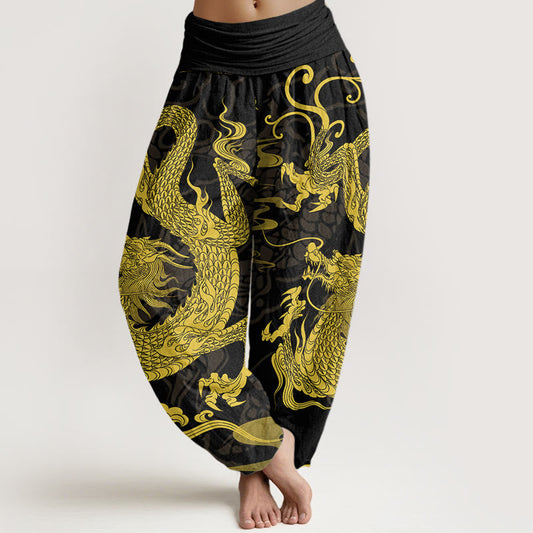Cotton Dragon Auspicious Clouds Women's Elastic Waist Harem Pants