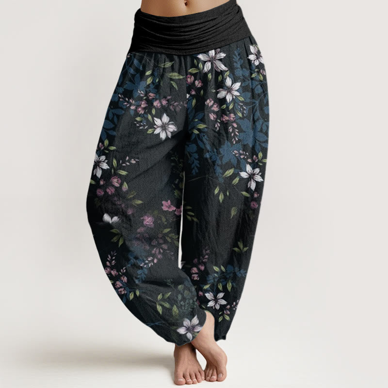 Cotton Small White Blossoms Green Leaves Women's Elastic Waist Harem Pants