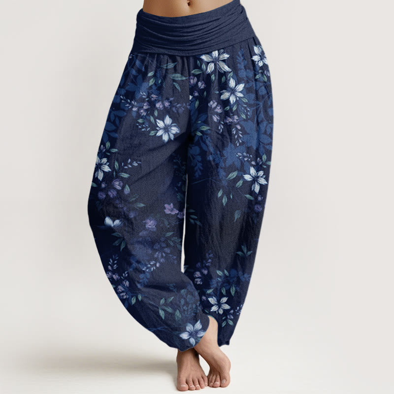 Cotton Small White Blossoms Green Leaves Women's Elastic Waist Harem Pants