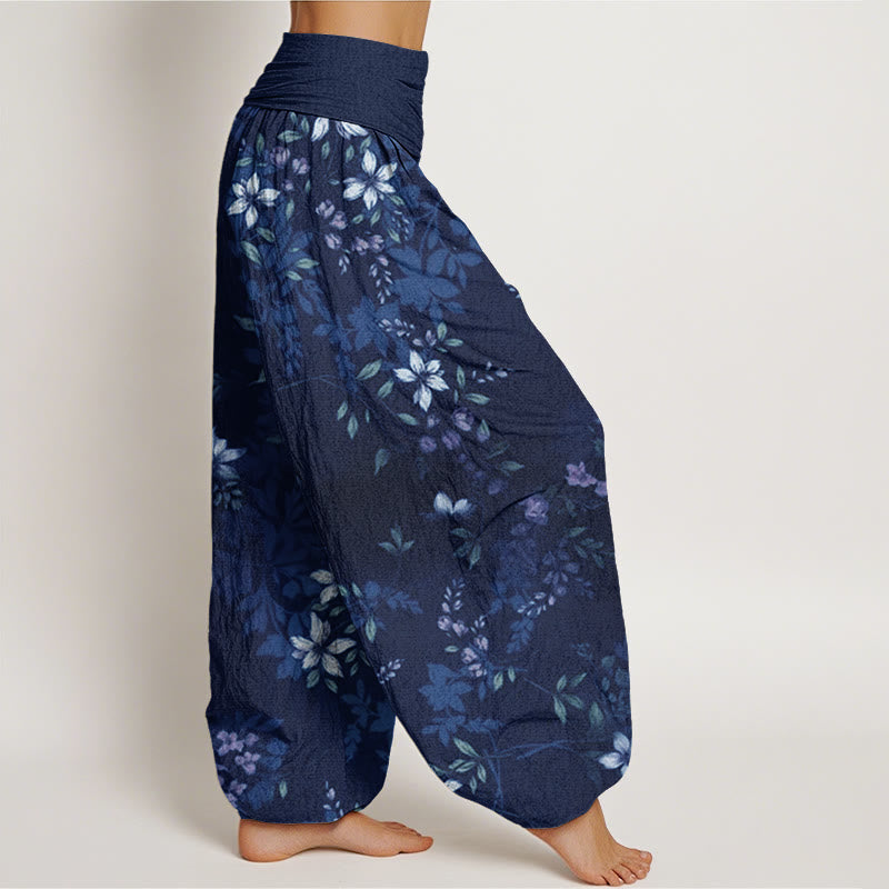 Cotton Small White Blossoms Green Leaves Women's Elastic Waist Harem Pants