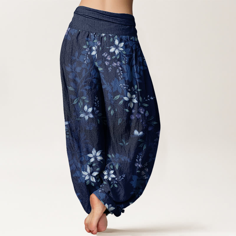 Cotton Small White Blossoms Green Leaves Women's Elastic Waist Harem Pants