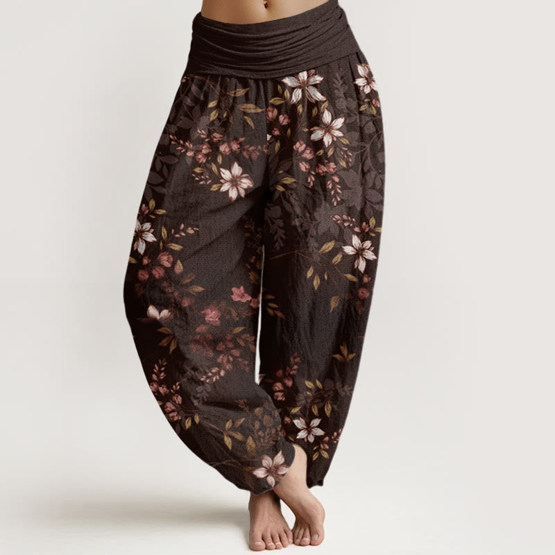 Cotton Small White Blossoms Green Leaves Women's Elastic Waist Harem Pants