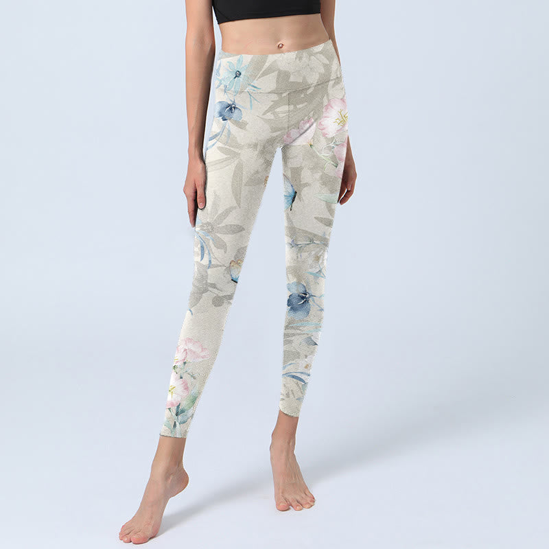 Cherry Blossom Butterflies Print Gym Leggings Women's Yoga Pants