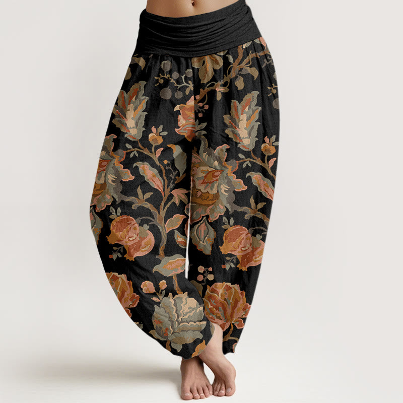Cotton Casual Blooming Flowers Buds Design Women's Elastic Waist Harem Pants