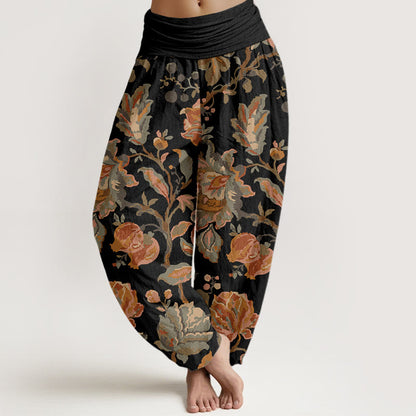 Cotton Casual Blooming Flowers Buds Design Women's Elastic Waist Harem Pants